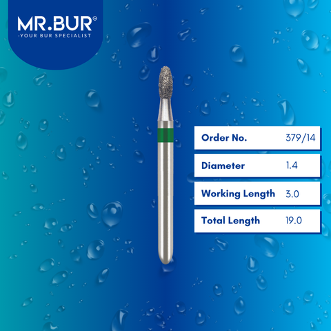 Mr. Bur Occlusal Surface Reduction Egg Coarse Diamond Bur FG 379/14, 1.4mm, ideal for precise occlusal adjustments, efficient enamel reduction, and smooth contouring in restorative procedures.