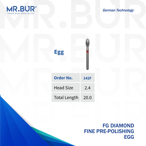 This is one variant of the Fine Grit Pre-Polishing Egg FG Diamond Bur sold by Mr Bur the best international supplier of diamond dental burs the dental bur head size shown here is 2.4mm