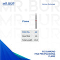 This is a variant of the Fine Grit Pre-Polishing Flame FG Diamond Bur sold by Mr Bur the best international dental bur supplier the head sizes shown here are 1.6mm