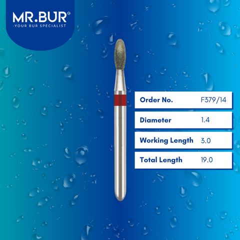 Mr. Bur Fine Grit Pre-Polishing Egg Diamond Bur 5pcs FG F379/14, 1.4mm, ideal for smooth surface finishing, precise contouring, and pre-polishing in restorative procedures.