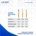 Image showing three variants of Mr. Bur Debonding Finishing Carbide Dental Bur FG ensures precise, efficient removal of adhesive and orthodontic cement, enhancing enamel safety and procedural control, with head size of 1.0mm, 1.8mm and 2.2mm.