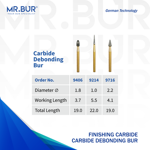 Image showing three variants of Mr. Bur Debonding Finishing Carbide Dental Bur FG ensures precise, efficient removal of adhesive and orthodontic cement, enhancing enamel safety and procedural control, with head size of 1.0mm, 1.8mm and 2.2mm.