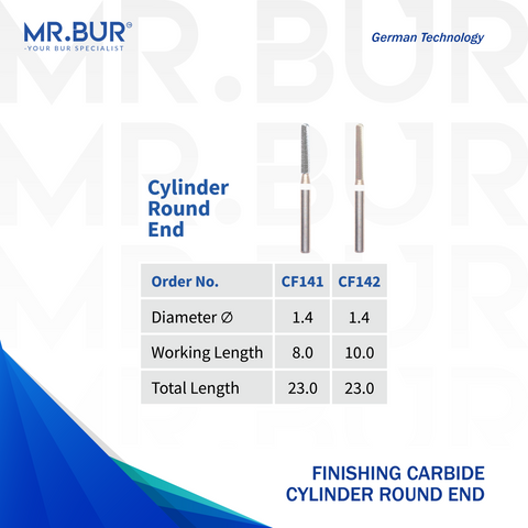 Image showing two variants of Mr. Bur Cylinder Round End Finishing Carbide Dental Bur FG ensures precise, smooth finishing for restorations, enhancing contouring, durability, and procedural accuracy, with head size of 1.4mm.