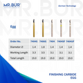 Image showing five variants of Mr. Bur Egg Finishing Carbide Dental Bur FG ensures precise, smooth contouring and polishing for restorations, enhancing surface quality and procedural accuracy, with head size of 1.4mm and 1.8mm.