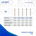 Image showing five variants of Mr. Bur Egg Finishing Carbide Dental Bur FG ensures precise, smooth contouring and polishing for restorations, enhancing surface quality and procedural accuracy, with head size of 1.8mm and 2.3mm.