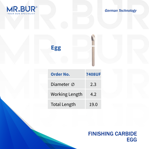 Image showing a variant of Mr. Bur Egg Finishing Carbide Dental Bur FG ensures precise, smooth contouring and polishing for restorations, enhancing surface quality and procedural accuracy, with head size of 2.3mm.