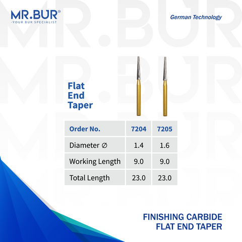 Image showing two variants of Mr. Bur Flat End Taper Finishing Carbide Dental Bur FG ensures precise, smooth finishing for restorations, enhancing contouring, durability, and procedural accuracy, with head size of 1.4mm and 1.6mm.