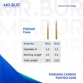 Image showing two variants of Mr. Bur Pointed Cone Finishing Carbide Dental Bur FG ensures precise, smooth contouring and polishing for restorations, enhancing durability and procedural accuracy, with head size of 1.0mm and 1.4mm.