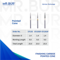 Image showing three variants of Mr. Bur Pointed Cone Finishing Carbide Dental Bur FG ensures precise, smooth contouring and polishing for restorations, enhancing durability and procedural accuracy, with head size of 1.4mm.