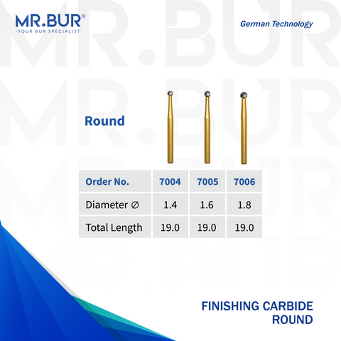 Image showing three variants of Mr. Bur Round Ball Finishing Carbide Bur FG ensures precise, smooth finishing for restorations, enhancing surface quality, durability, and procedural control, with head size of 1.4mm, 1.6mm and 1.8mm.