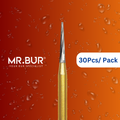 Mr. Bur's 30pcs Pointed Cone Finishing Carbide Dental Bur FG is ideal for cavity prep, composhape, composite polishing, debonding, pre-polishing, and tangential polishing.