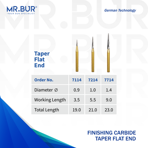 Image showing three variants of Mr. Bur Taper Flat End Finishing Carbide Dental Bur FG ensures precise, smooth finishing for restorations, enhancing contouring, durability, and procedural accuracy, with head size of 0.9mm 1.0mm 1.4mm.