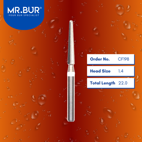 Mr. Bur CF198 Taper Round End Finishing Carbide Dental Bur FG are tools used in multiple dental procedures, ideal for chamfer margin finishing and debonding.