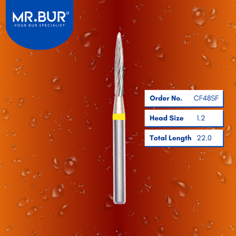 Mr. Bur CF48SF Torpedo Finishing Carbide Dental Bur FG is ideal for chamfer margin finishing and polishing, debonding, laminate ceramic veneer, veneer finishing, and veneer polishing.