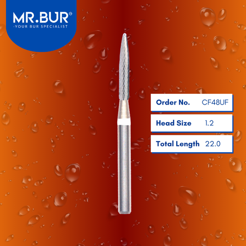 Mr. Bur CF48UF Torpedo Finishing Carbide Dental Bur FG is ideal for chamfer margin finishing and polishing, debonding, laminate ceramic veneer, veneer finishing, and veneer polishing.