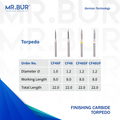 Image showing four variants of Mr. Bur Torpedo Finishing Carbide Dental Bur FG ensures precise, smooth contouring and polishing for restorations, enhancing durability and procedural accuracy, with head size of 1.0mm and 1.2mm.