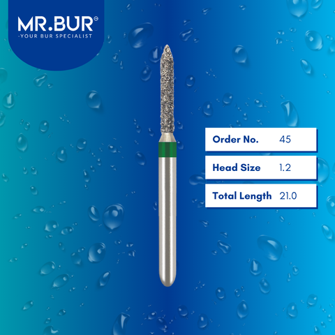 Mr. Bur 885 straight torpedo diamond bur 45 are tools used in multiple dental procedures. ISO 806 314 130 534 014 FG, Their straight torpedo heads are ideal for cavity preparation, trimming and lingual buccal reduction