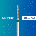 Enhance dental care with Mr. Bur 30 pcs Flame Coarse Diamond Bur FG for cavity prep, crown & bridge prep, tangential prep, trimming, occlusal incisor reduction, chamfer margin, prosthodontic, and restorative work.