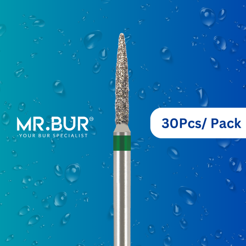 Enhance dental care with Mr. Bur 30 pcs Flame Coarse Diamond Bur FG for cavity prep, crown & bridge prep, tangential prep, trimming, occlusal incisor reduction, chamfer margin, prosthodontic, and restorative work.