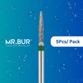 Enhance dental care with Mr. Bur 5 pcs Flame Coarse Diamond Bur FG for cavity prep, crown & bridge prep, tangential prep, trimming, occlusal incisor reduction, chamfer margin, prosthodontic, and restorative work.