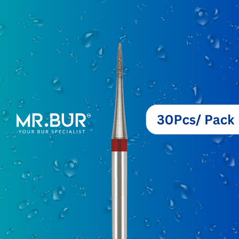 Mr. Bur's 30 pcs Fine Grit Pre-Polishing Flame Diamond Bur FG is ideal for cavity prep, veneer prep, chamfer margins, and crown & bridge preparation.