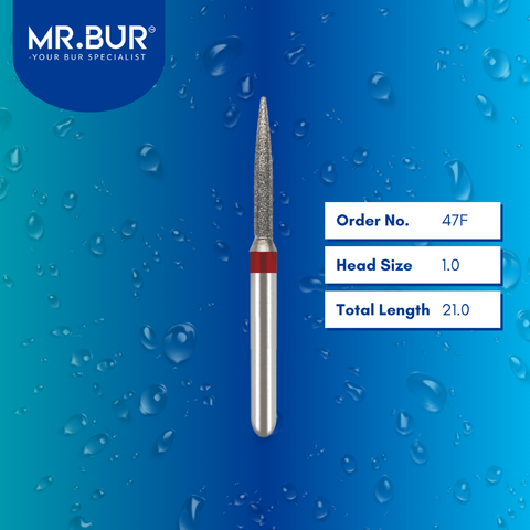 Mr. Bur 47F Fine Grit Pre-Polishing Flame Diamond Bur FG are tools used in multiple dental procedures. Their flame-shaped heads are ideal for effective cavity preparation, veneer preparation, chamfer margin bur, and crown and bridge preparation.