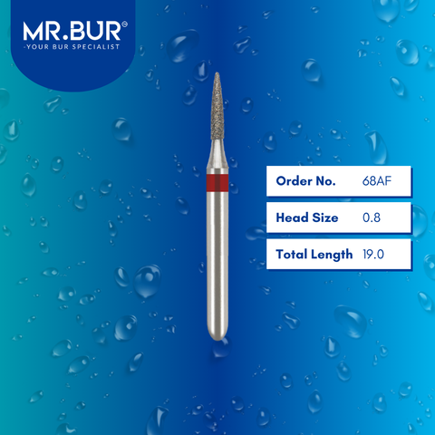 Mr. Bur 68AF Fine Grit Pre-Polishing Flame Diamond Bur FG are tools used in multiple dental procedures. Their flame-shaped heads are ideal for effective cavity preparation, veneer preparation, chamfer margin bur, and crown and bridge preparation.