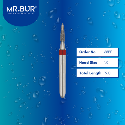 Mr. Bur 68BF Fine Grit Pre-Polishing Flame Diamond Bur FG are tools used in multiple dental procedures. Their flame-shaped heads are ideal for effective cavity preparation, veneer preparation, chamfer margin bur, and crown and bridge preparation.