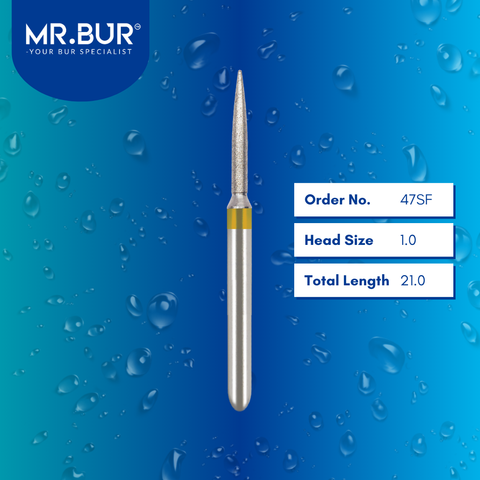 Mr. Bur 47SF Super Fine Finishing Flame Diamond Bur FG are tools used in multiple dental procedures. Their flame-shaped heads are ideal for effective cavity preparation, veneer preparation, chamfer margin bur, and crown & bridge technique.