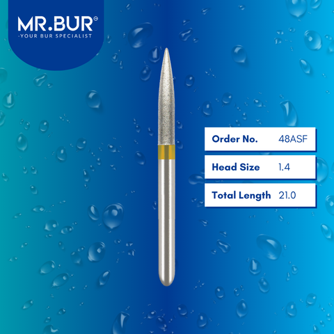 Mr. Bur 48ASF Super Fine Finishing Flame Diamond Bur FG are tools used in multiple dental procedures. Their flame-shaped heads are ideal for effective cavity preparation, veneer preparation, chamfer margin bur, and crown & bridge technique.