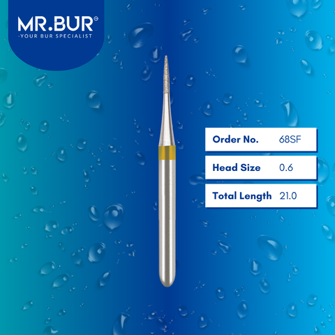 Mr. Bur 68SF Super Fine Finishing Flame Diamond Bur FG are tools used in multiple dental procedures. Their flame-shaped heads are ideal for effective cavity preparation, veneer preparation, chamfer margin bur, and crown & bridge technique.