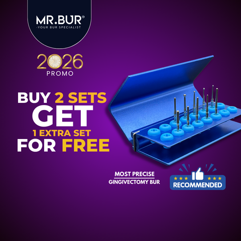 Mr. Bur Gingivectomy Bur Kit, with 10 stainless steel burs, is ideal for fine-tuning soft tissue, subgingival caries treatment, and using heat to cauterize gums and control bleeding during gingivectomy.