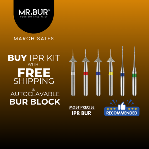 MR.BUR Interproximal Reduction Dental Bur. Available in 0.3mm, 0.4mm, 0.45mm, and 0.5mm for maximize precision and efficacy in interdental space adjustment and enamel reduction.