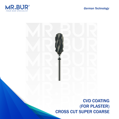 Mr. Bur CVD Coated Cross Cut Super Coarse Tungsten Carbide Bur for Plaster, designed for aggressive material removal and precise contouring, ensuring durability and efficient cutting performance.