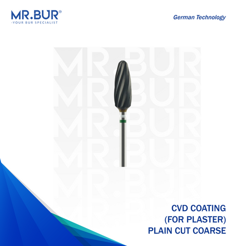 Mr. Bur CVD Coated Plain Cut Coarse Tungsten Carbide Bur for Plaster, designed for efficient material removal and precise contouring, ensuring durability and smooth cutting performance.