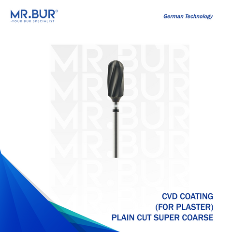 Mr. Bur CVD Coated Plain Cut Super Coarse Tungsten Carbide Bur for Plaster, designed for rapid material removal and efficient contouring, ensuring durability and precision in plaster adjustments.