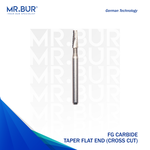 Mr. Bur Taper Flat End Carbide Bur FG, available in cross cut, ensures precise, efficient cutting for crown and cavity preparations, enhancing accuracy and control.