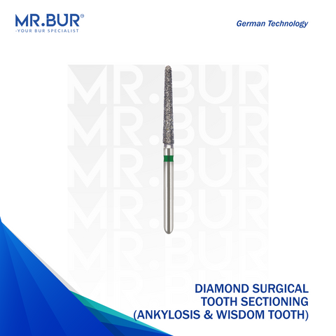 Mr. Bur Diamond Surgical Tooth Sectioning Bur ensures precise, efficient sectioning of ankylosed and wisdom teeth, enhancing surgical extraction accuracy and control.