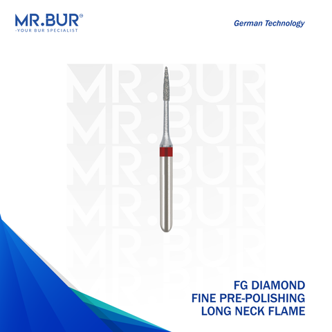 This is the Fine Grit Pre-Polishing Long Neck Flame FG Diamond Bur sold by Mr. Bur the best international supplier of dental bur.