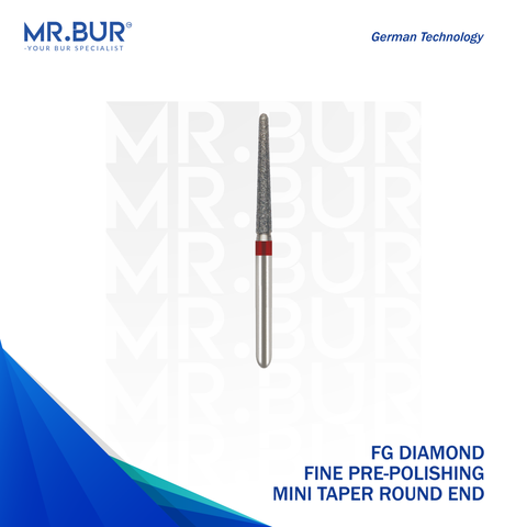 Mr. Bur FG Short Diamond Fine Pre-Polishing Mini Taper Round End Bur ensures precise, smooth surface finishing for ceramic and composite restorations.