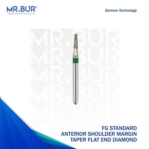 Mr. Bur Taper Flat End Coarse Diamond Bur FG provides aggressive cutting efficiency, ideal for crown preparation and rapid tooth reduction in restorative procedures.