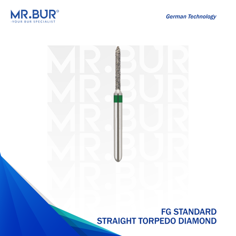 Mr. Bur straight torpedo diamond bur FG is designed for precise contouring and finishing in restorative procedures, ensuring efficient cutting and smooth surface refinement.