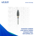 Mr. Bur Straight Edge with Spiral Cut Tungsten Carbide Bur for Acrylic Resin, designed for smooth cutting, precise shaping, and efficient material removal with enhanced control.