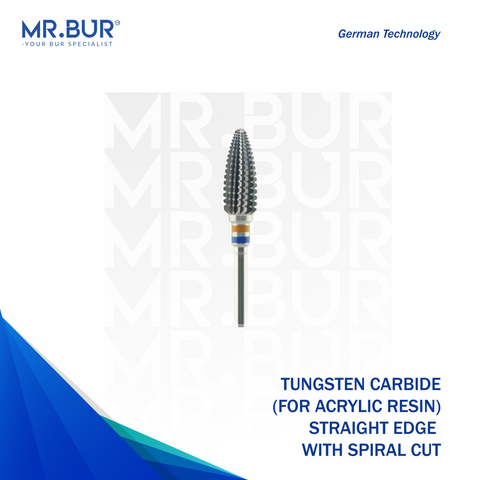 Mr. Bur Straight Edge with Spiral Cut Tungsten Carbide Bur for Acrylic Resin, designed for smooth cutting, precise shaping, and efficient material removal with enhanced control.