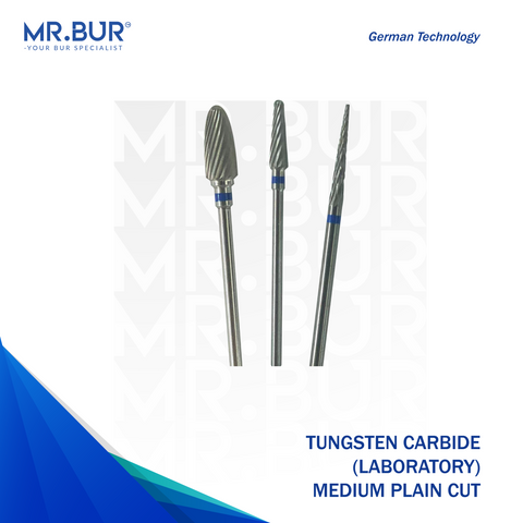 Mr. Bur Tungsten Carbide Medium Plain Cut Laboratory Bur, designed for efficient material removal, precise shaping, and smooth cutting performance in dental laboratory applications.