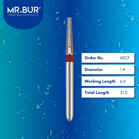 Mr. Bur Fine Grit Pre-Polishing Inlay Onlay Diamond Bur 5pcs FG 60CF, 1.4mm, designed for precise contouring, smooth surface finishing, and efficient pre-polishing in inlay and onlay restorations.