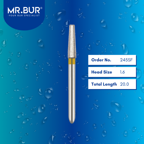 Mr. Bur 245SF Super Fine Finishing Inlay Onlay Diamond Bur FG are tools used in multiple dental procedures. Their design is ideal for effective prosthodontics, crown & bridges, crown preparation, and polishing/finishing/high shine.