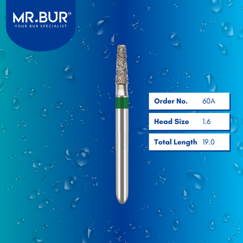 Mr. Bur 845R tapered flat end inlay onlay diamond bur 60A are tools used in multiple dental procedures. ISO 806 314 544 534 016 FG, Their tapered flat end heads are ideal for for effective crown and bridge preparation, shoulder margin preparation, and inlay onlay preparation. 