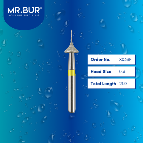 This picture show Mr. Bur X03SF bur with a 0.3mm working length, is ideal for precise interproximal reduction of anterior teeth suitable for finishing and polishing