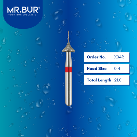 This picture show Mr.Bur X04R bur featuring a 0.4mm working length and fine grit that is perfect for slicing anterior teeth